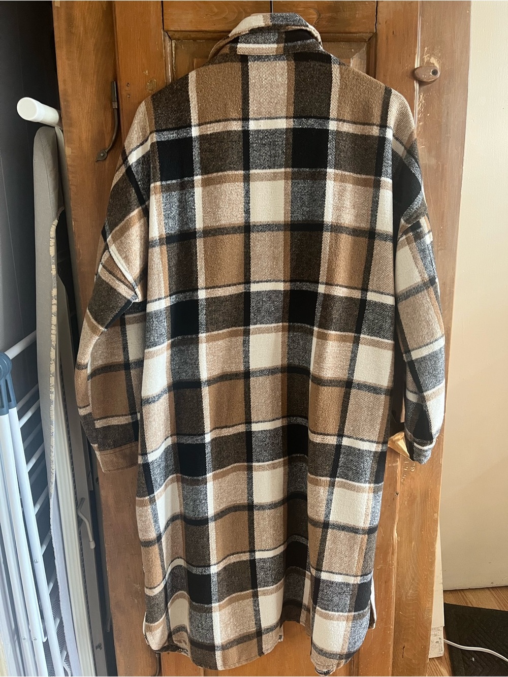 Long Plaid Shacket in Brown, Black & Cream - Picture 2 of 4
